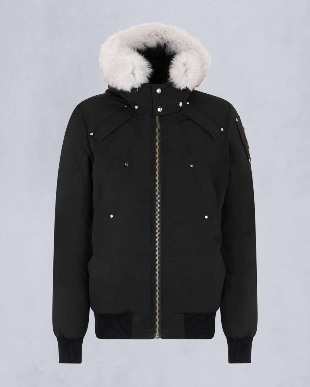 Moose Knuckles White Fur-Trim Hooded Bomber Jacket