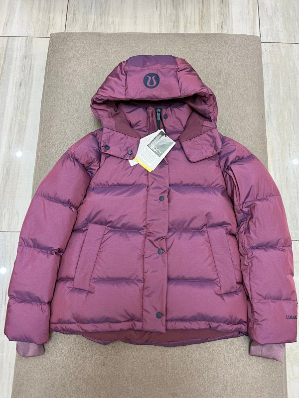 lululemon Women's Berry Red Hooded Down Puffer Jacket with Snap Placket