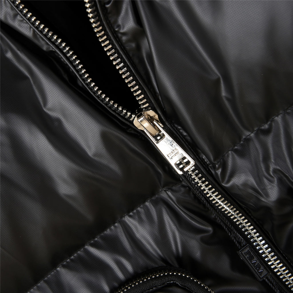 Prada Gloss Nylon Down Jacket with Engraved Logo Zip Pull