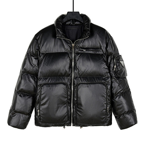 Prada Gloss Nylon Down Jacket with Engraved Logo Zip Pull