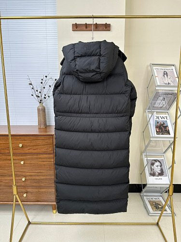 Women's Black Maxi Hooded Down Coat with Snap-Button Front