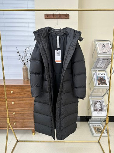 Women's Black Maxi Hooded Down Coat with Snap-Button Front