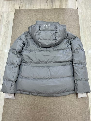 lululemon Women's Steel Grey Hooded Down Puffer Jacket with Contrast Ribbed Cuffs