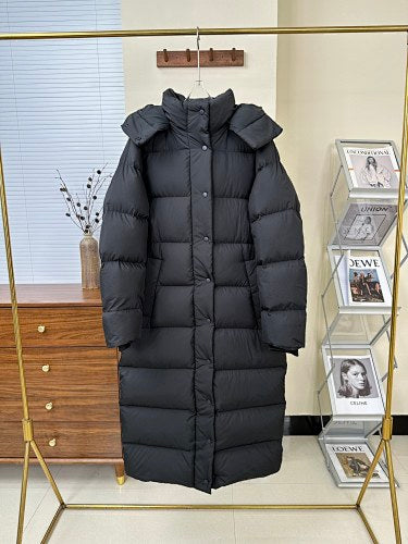 Women's Black Maxi Hooded Down Coat with Snap-Button Front