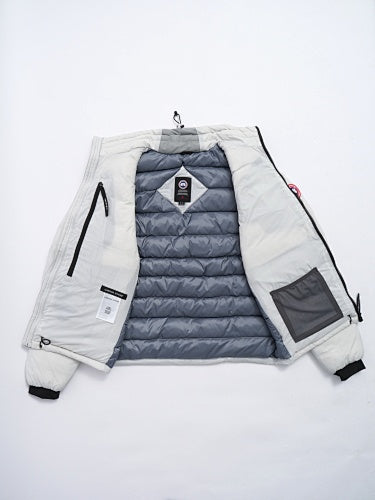 Canada Goose White Down Bomber Jacket with Ribbed Cuffs and Inner Liner