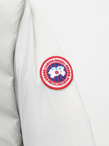 Canada Goose White Down Bomber Jacket with Ribbed Cuffs and Inner Liner