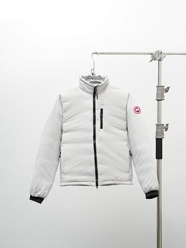 Canada Goose White Down Bomber Jacket with Ribbed Cuffs and Inner Liner