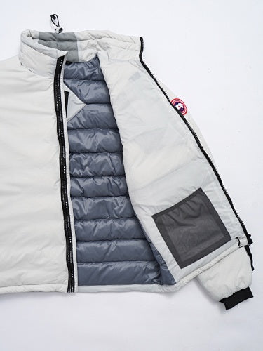 Canada Goose White Down Bomber Jacket with Ribbed Cuffs and Inner Liner