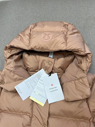 lululemon Women's Caramel Tan Hooded Down Puffer Jacket with Geometric Quilting