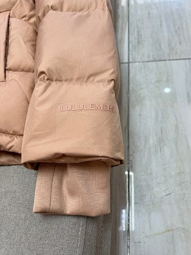 lululemon Women's Caramel Tan Hooded Down Puffer Jacket with Geometric Quilting