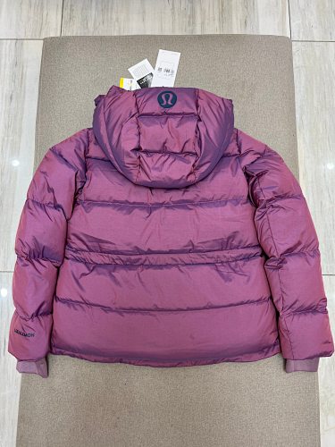 lululemon Women's Berry Red Hooded Down Puffer Jacket with Snap Placket