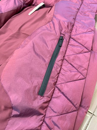 lululemon Women's Berry Red Hooded Down Puffer Jacket with Snap Placket