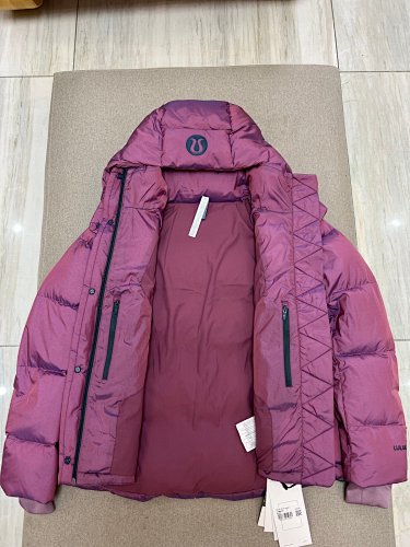 lululemon Women's Berry Red Hooded Down Puffer Jacket with Snap Placket