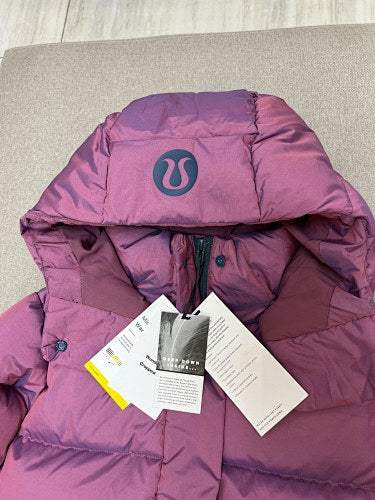 lululemon Women's Berry Red Hooded Down Puffer Jacket with Snap Placket