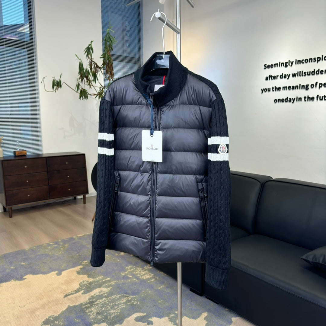 Moncler Hybrid Down Jacket with Knit Sleeves and Contrast Arm Stripe