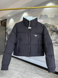 Prada Cropped Reversible Down Jacket with Enamel Triangle Logo