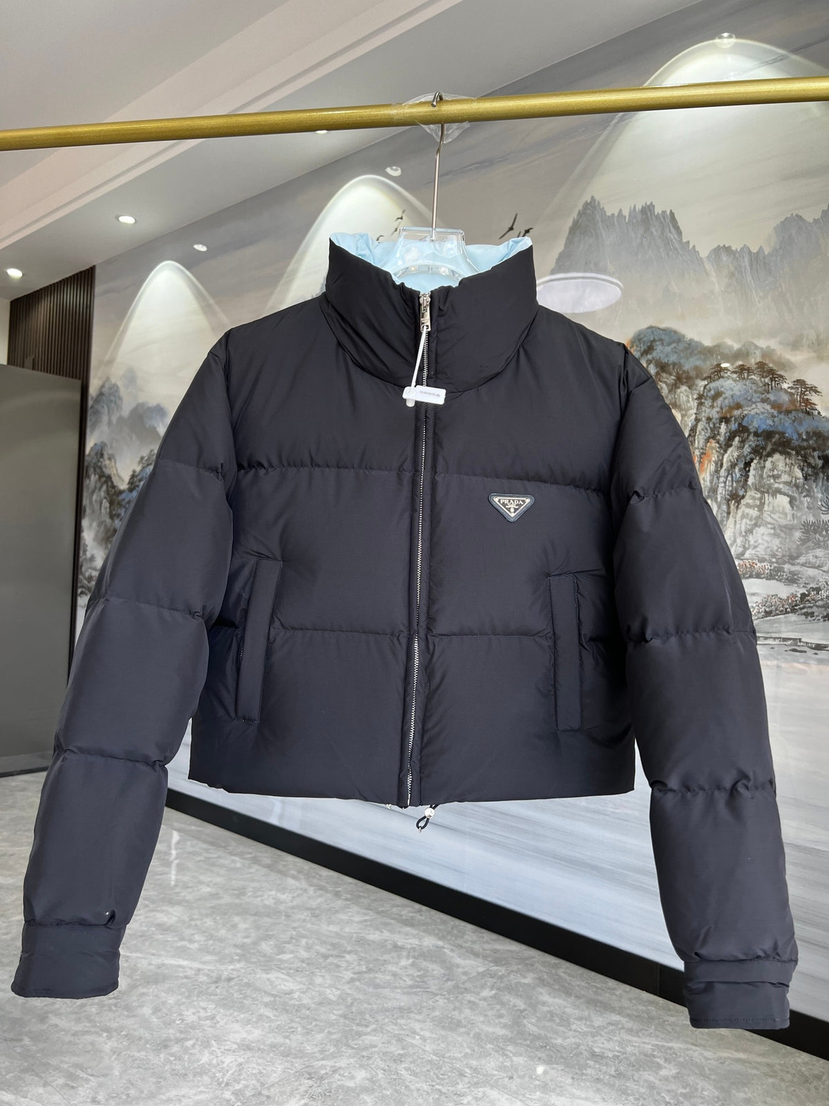 Prada Cropped Reversible Down Jacket with Enamel Triangle Logo