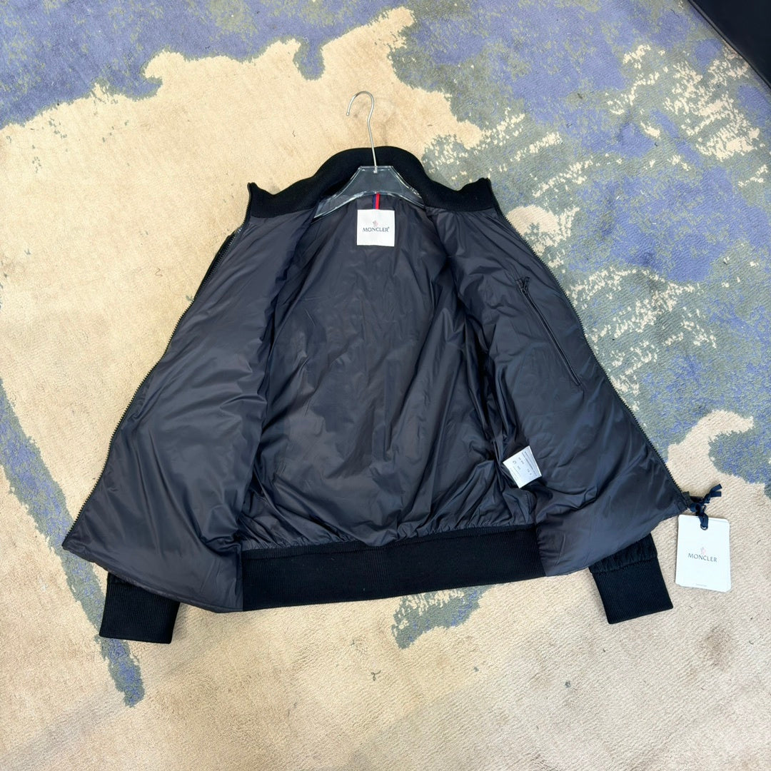 Moncler Hybrid Down Jacket with Knit Sleeves and Contrast Arm Stripe