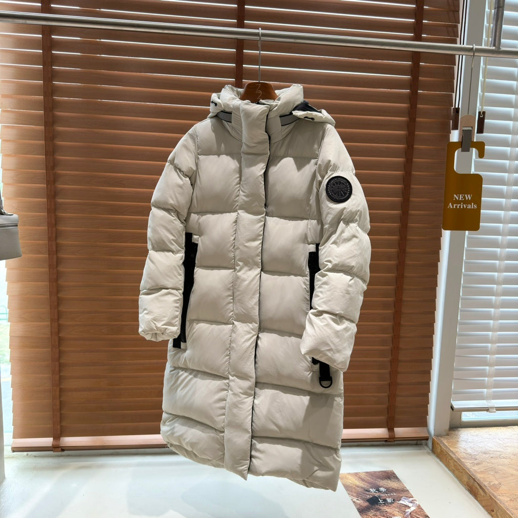 Canada Goose Women's Long Down Parka with Sleeve Disc Badge and Contrast Webbing