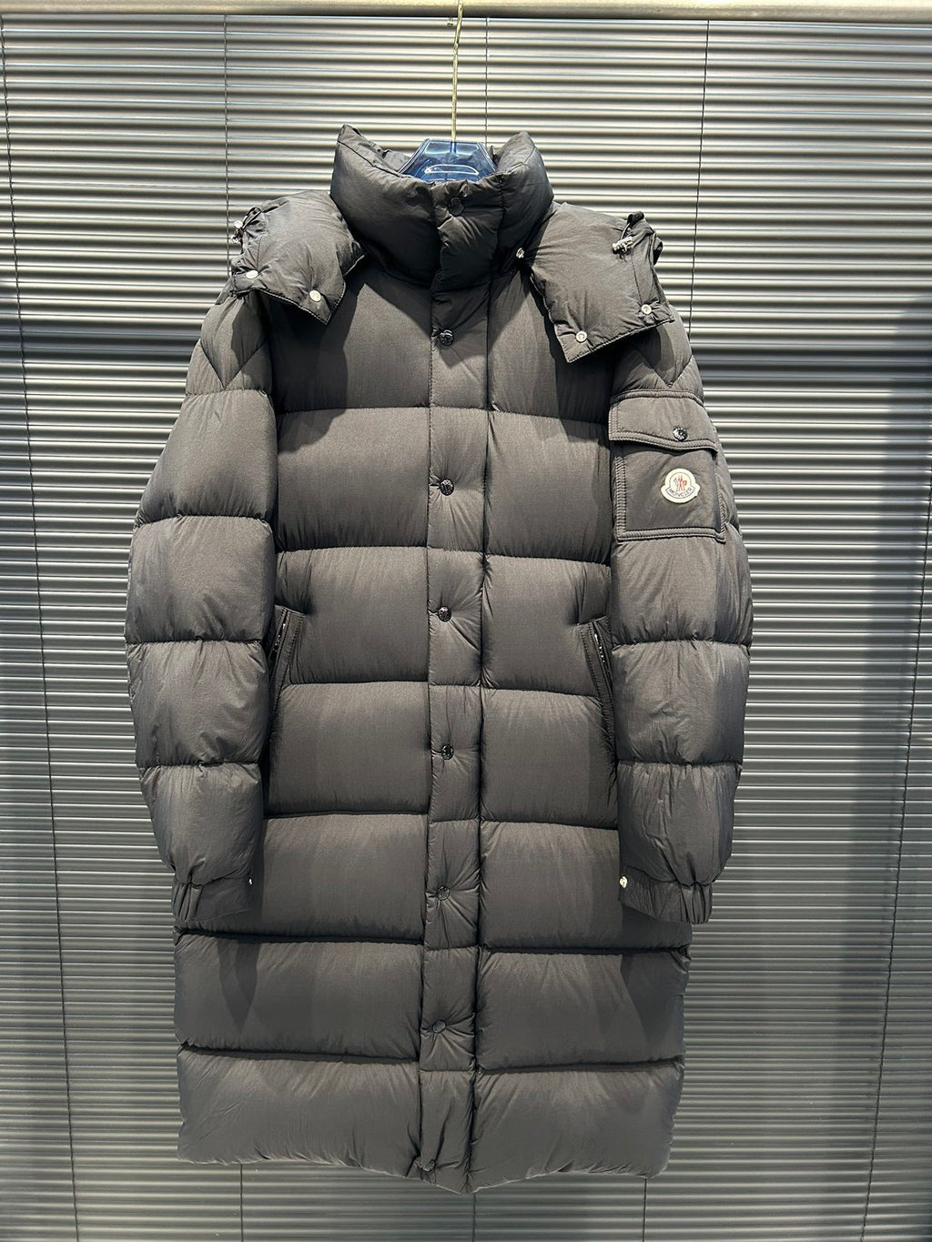 Moncler Long Down Parka with Detachable Hood and Sleeve Cargo Pocket