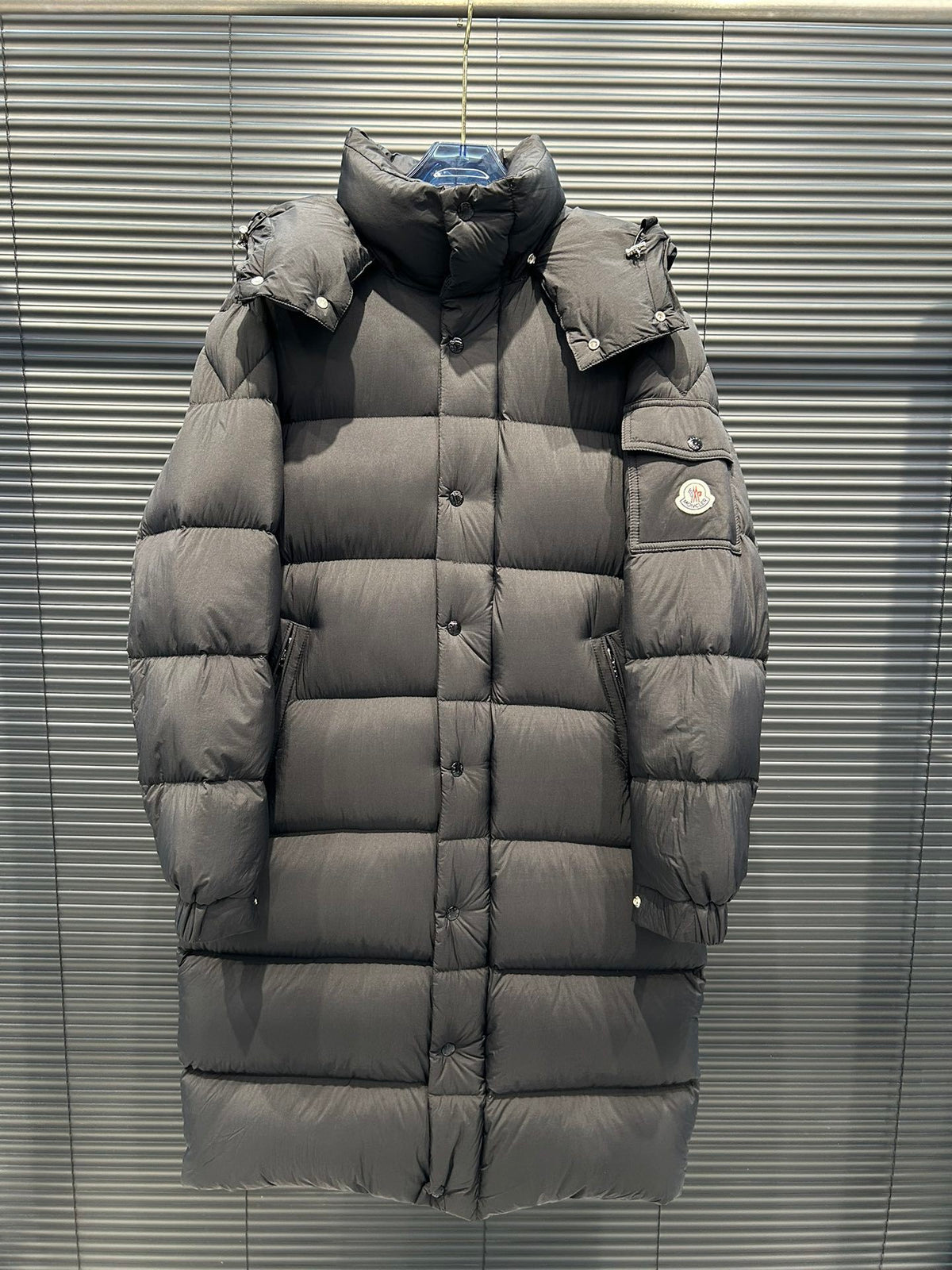 Moncler Long Down Parka with Detachable Hood and Sleeve Cargo Pocket