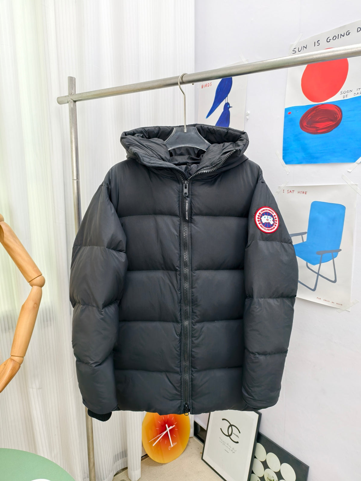 Canada Goose Men's Black Hooded Down Puffer Jacket with Branded Zipper