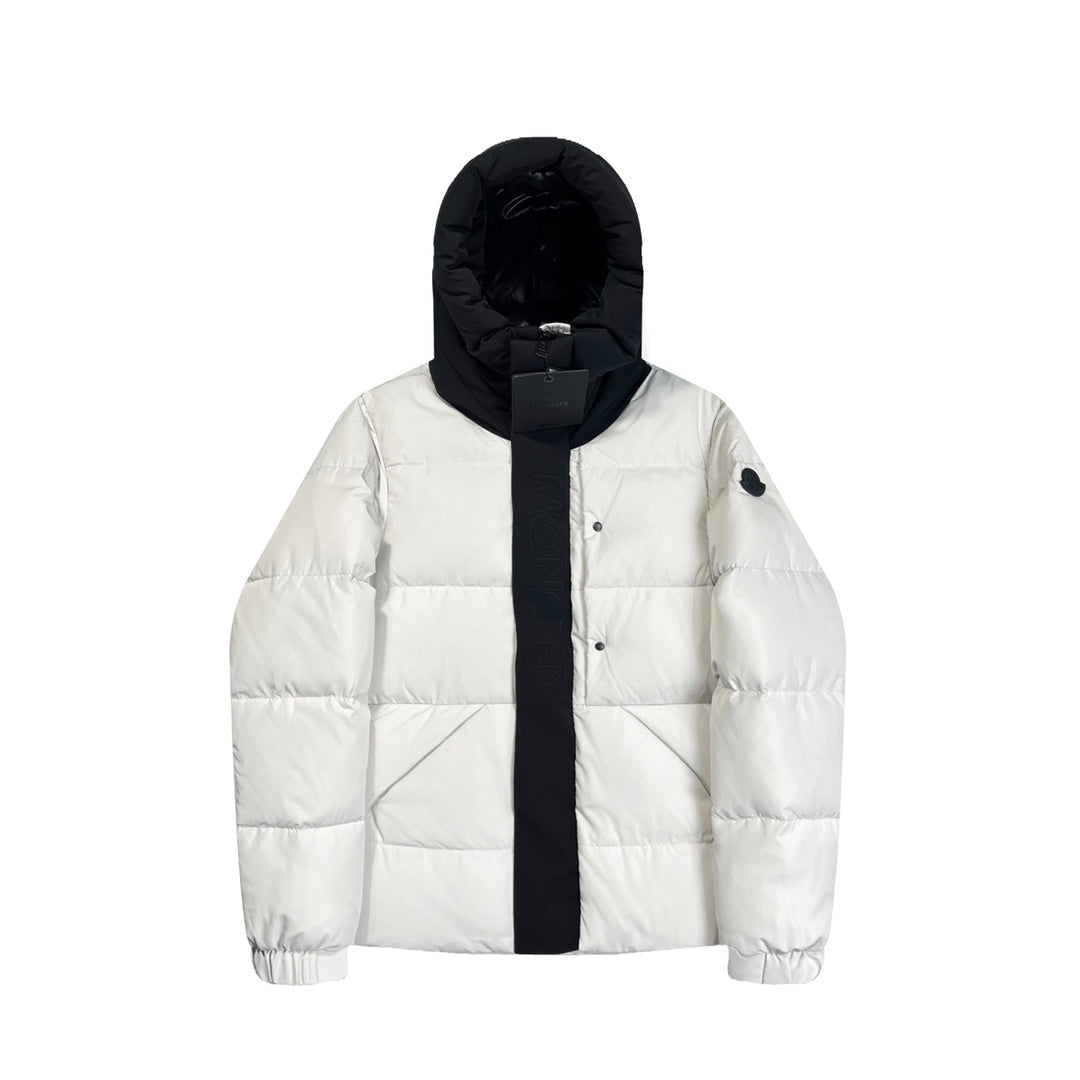 Moncler Two-Tone Hooded Down Jacket with Contrast Placket and Logo Toggles