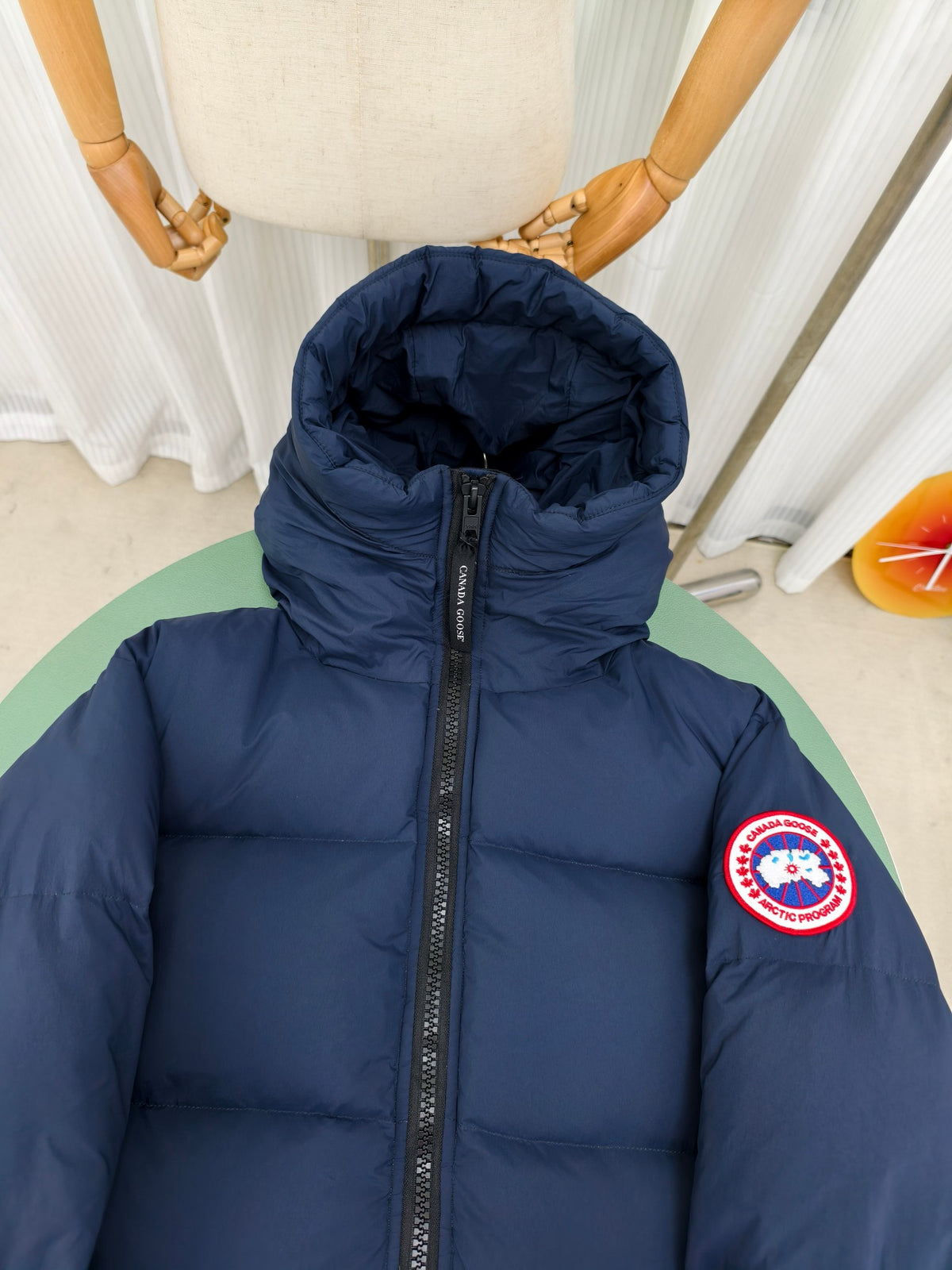 Canada Goose Men's Navy Blue Hooded Down Puffer Jacket with Branded Zipper