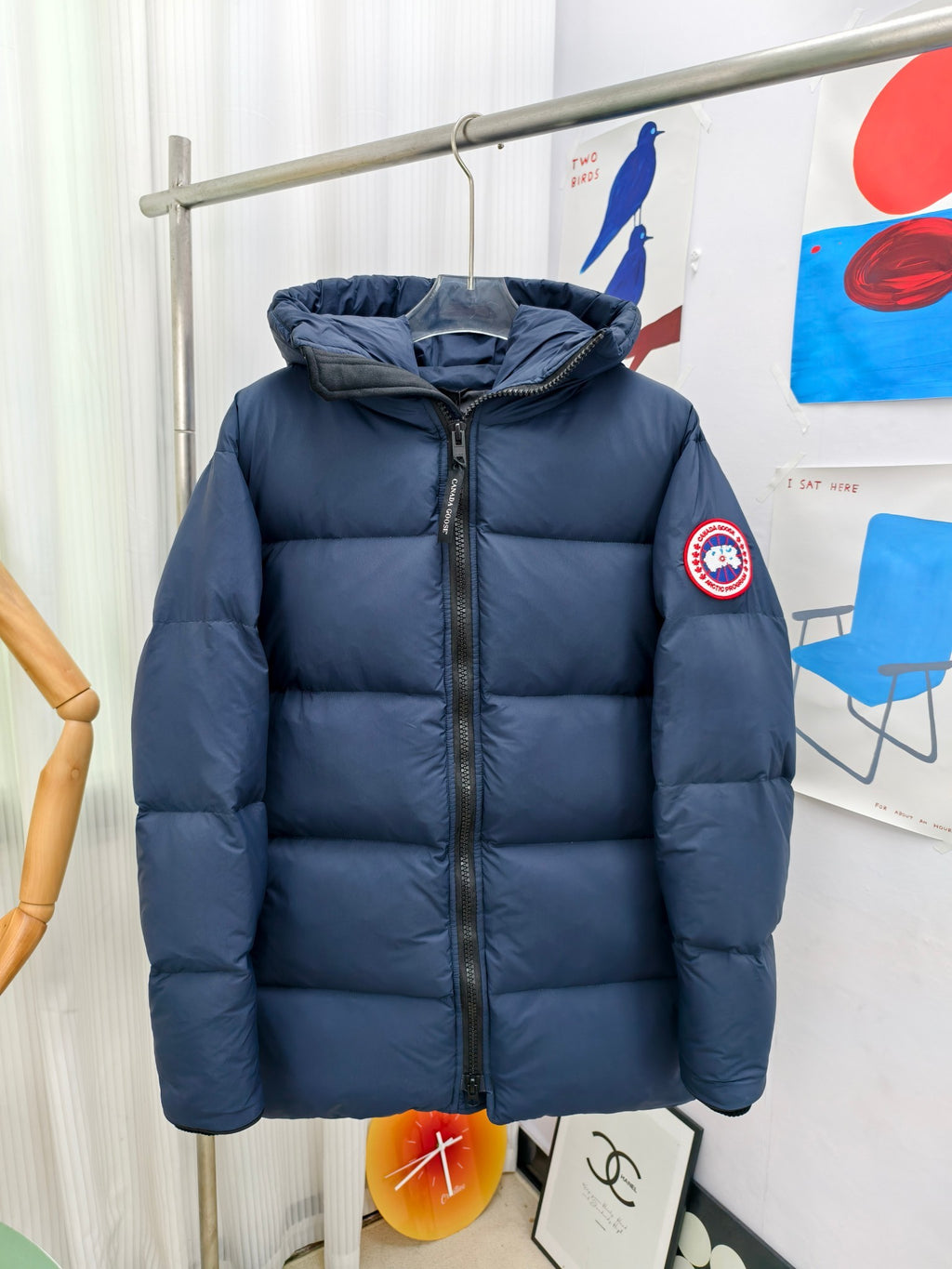 Canada Goose Men's Navy Blue Hooded Down Puffer Jacket with Branded Zipper