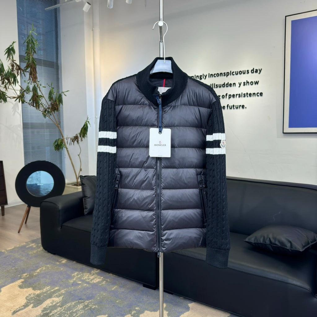 Moncler Hybrid Down Jacket with Knit Sleeves and Contrast Arm Stripe