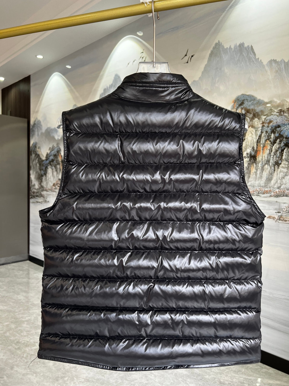 Moncler Gloss Nylon Down Vest with Chest Badge Patch and Zip Pockets