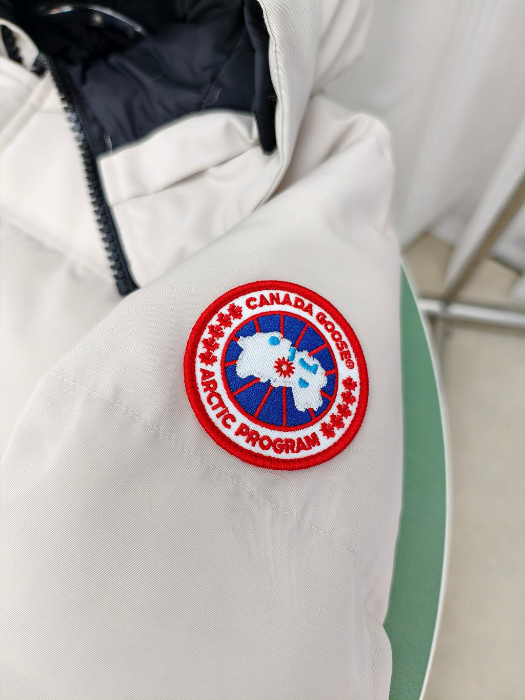 Canada Goose White Hooded Down Puffer Jacket with Arctic Program Badge