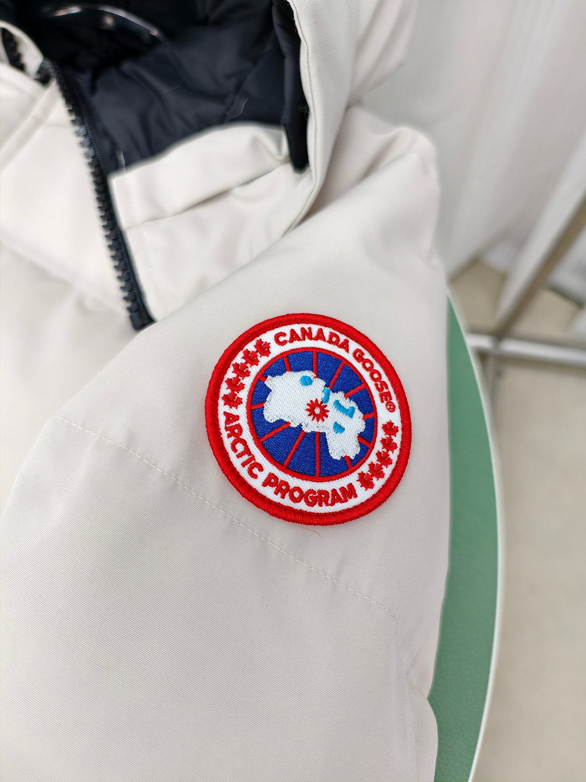 Canada Goose White Hooded Down Puffer Jacket with Arctic Program Badge