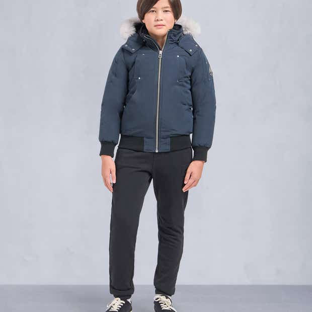 Moose Knuckles Kids Navy Fur-Trim Hooded Bomber Jacket