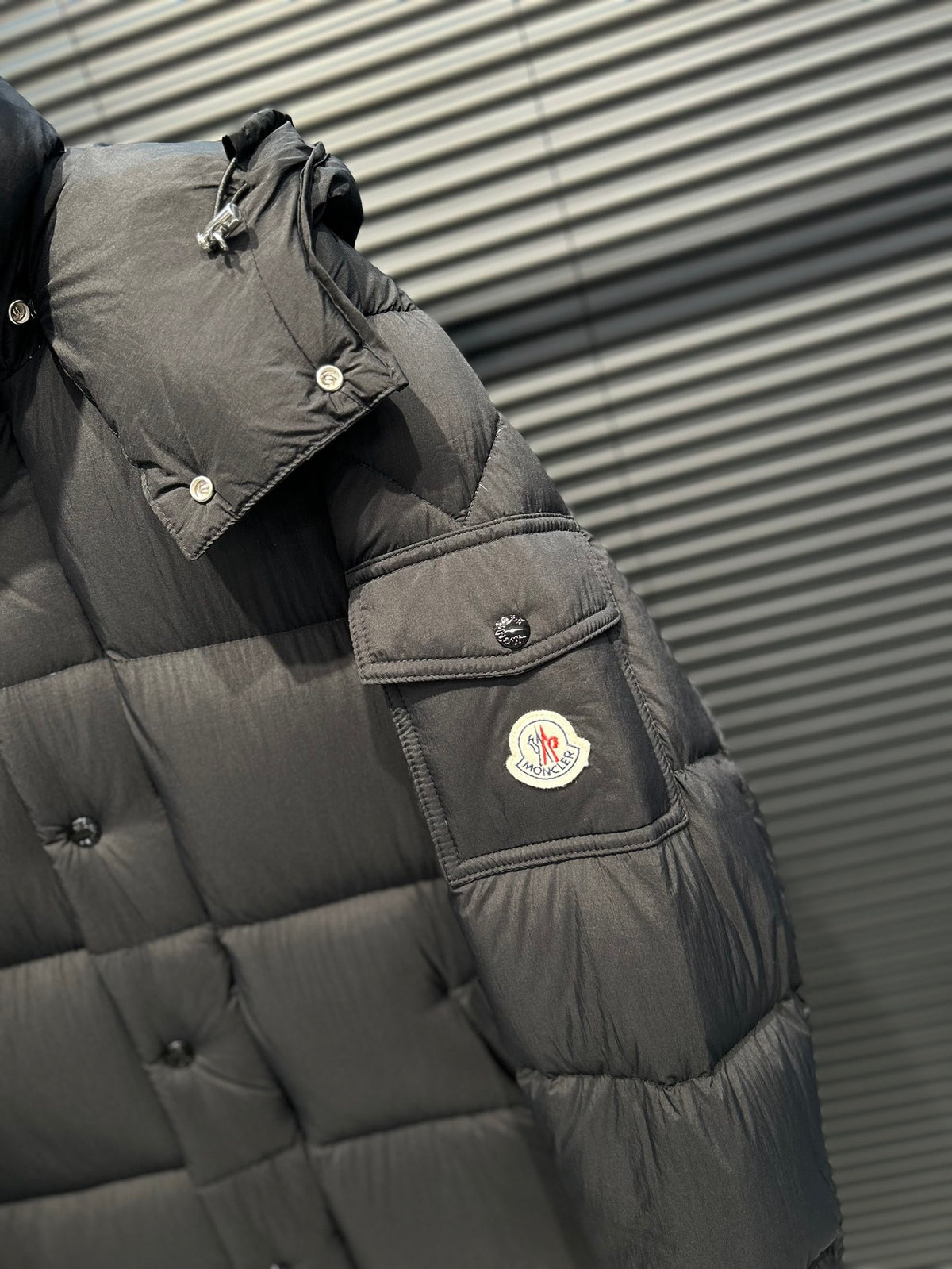 Moncler Long Down Parka with Detachable Hood and Sleeve Cargo Pocket