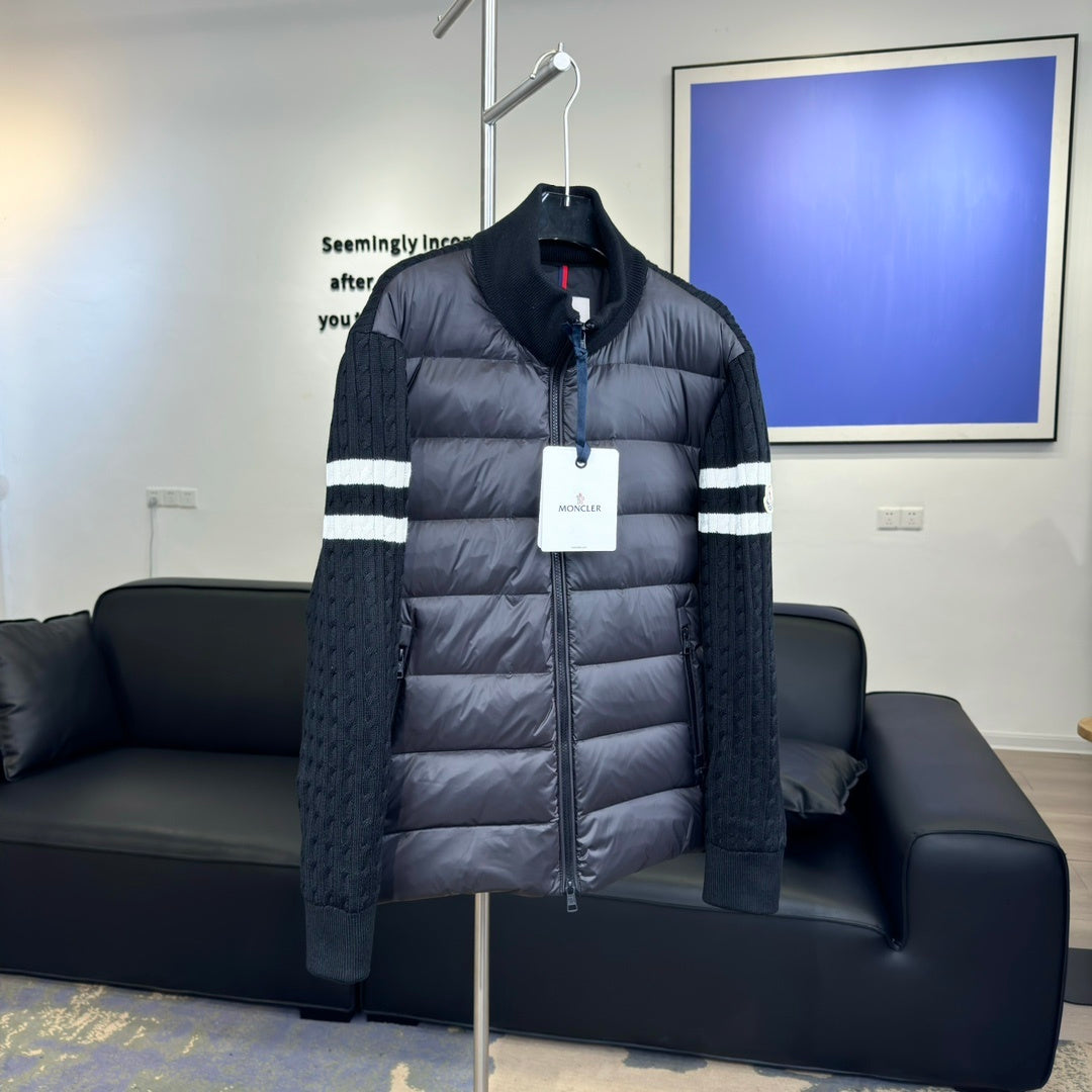 Moncler Hybrid Down Jacket with Knit Sleeves and Contrast Arm Stripe
