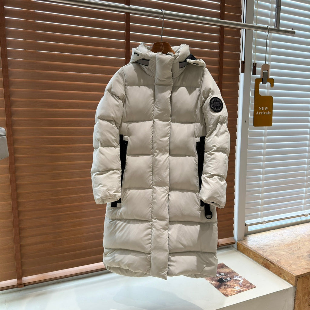 Canada Goose Women's Long Down Parka with Sleeve Disc Badge and Contrast Webbing