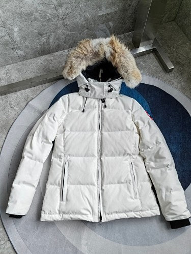 Canada Goose Mid-Length Fur-Trim Parka in White